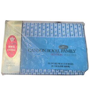 Cannon Royal Family No-Iron Percale Full Flat Sheet Blue Floral Stripes Vtg NOS